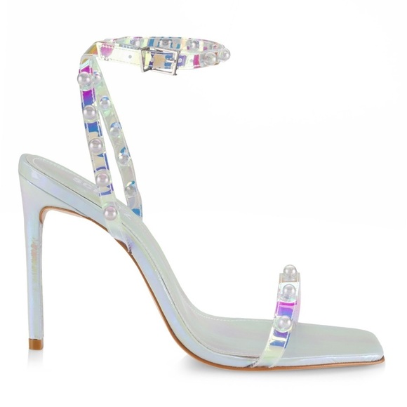 Schutz Pietra Faux Pearl-Embellished Iridescent Vinyl Sandals Size 11 - Picture 2 of 13